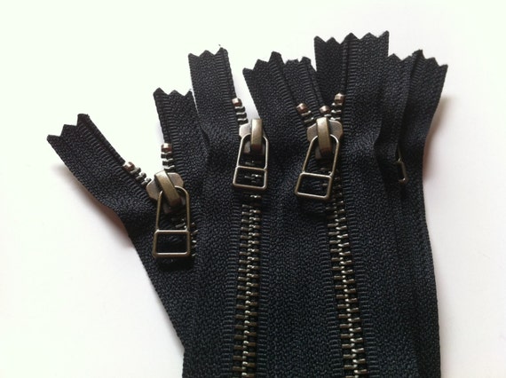 YKK metal zippers with antique brass finish and DHR Wire style pull- (5)  pieces - Black 580- available in 4,5,7,8,9,10,12,14,16,18 Inch