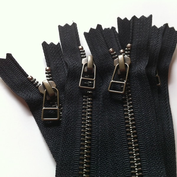 YKK metal zippers with antique brass finish and DHR Wire style pull- (5) pieces - Black 580- available in 4,5,7,8,9,10,12,14,16,18 Inch