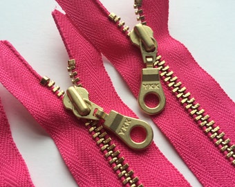 Cremallera metálica de latón YKK con tirador tipo donut (5 unidades) - Rosa intenso 516 - 12, 14 o 20 pulgadas