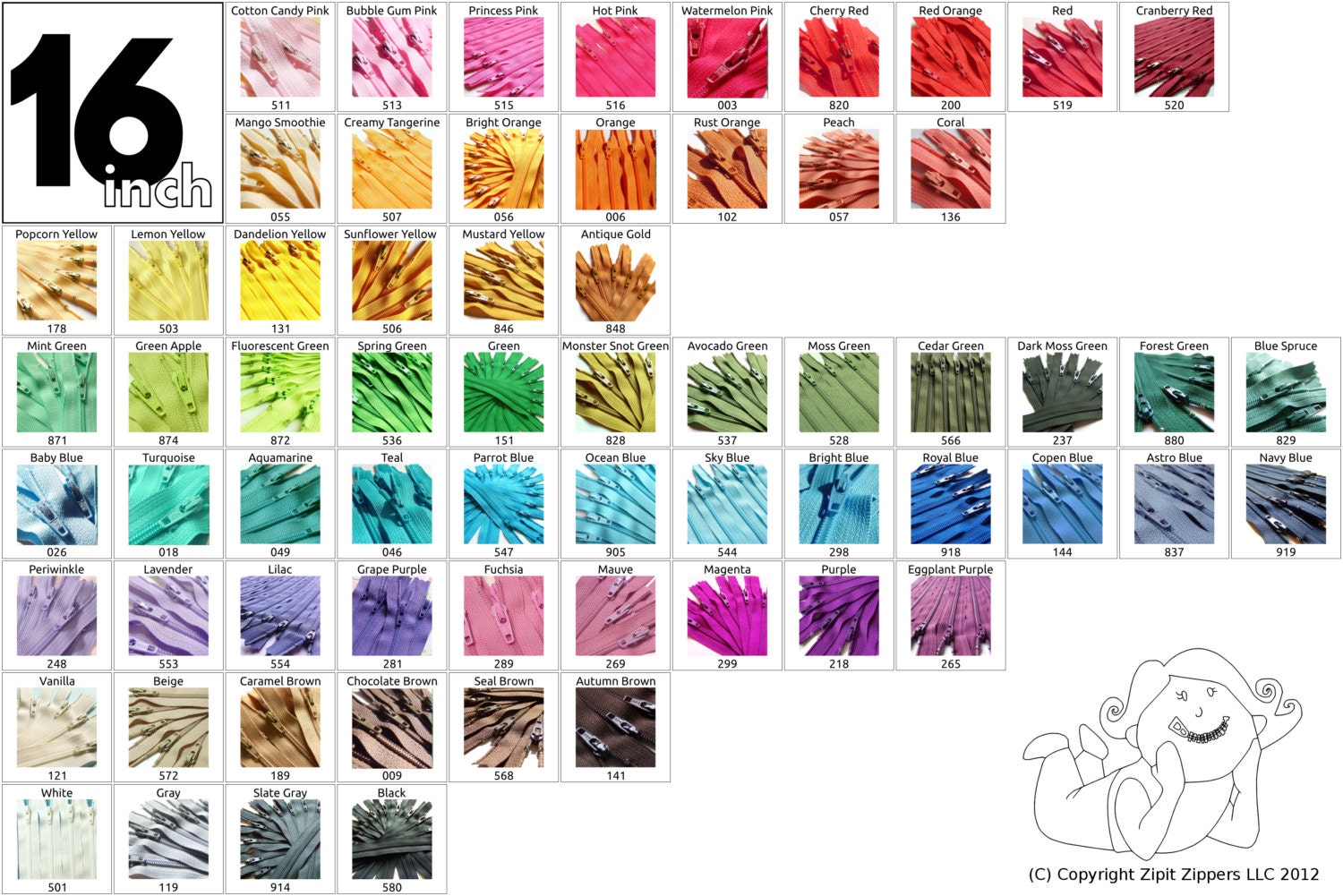 Your Choice of 100 16 Inch YKK Zippers Mix and Match from 65 colors
