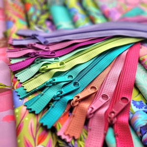 May include: A collection of colourful zippers in various shades of pink, green, blue, and orange. The zippers are arranged in a fan shape and are lying on top of a patterned fabric.