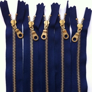 Metal Teeth Zippers-  YKK Brass Teeth and Donut Pull- Navy 919- 5 Pieces- Available in 6,7,8,9,10,12,14,16 or 18 Inch