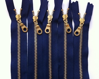 Metal Teeth Zippers-  YKK Brass Teeth and Donut Pull- Navy 919- 5 Pieces- Available in 6,7,8,9,10,12,14,16 or 18 Inch