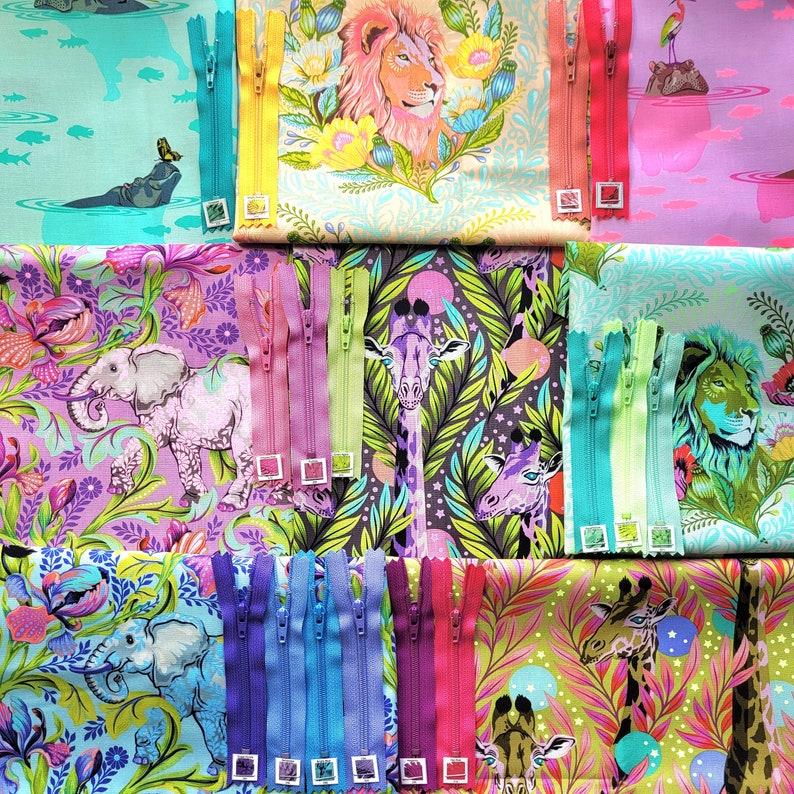 May include: A collection of colourful fabric scraps with various animal and floral patterns. The fabric scraps are arranged in a grid pattern and feature zippers along the edges. The fabric scraps are perfect for quilting, sewing, or crafting.