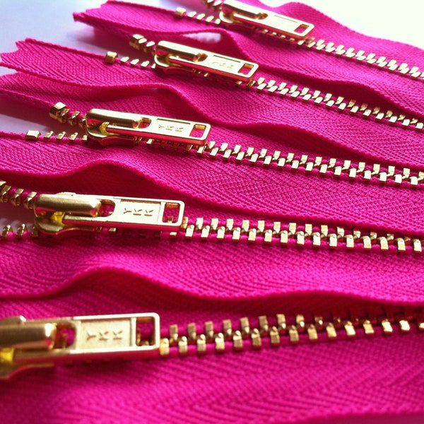 Brass Zippers- ykk metal teeth zips- (5) pieces - Hot Pink 516- 14 Inches