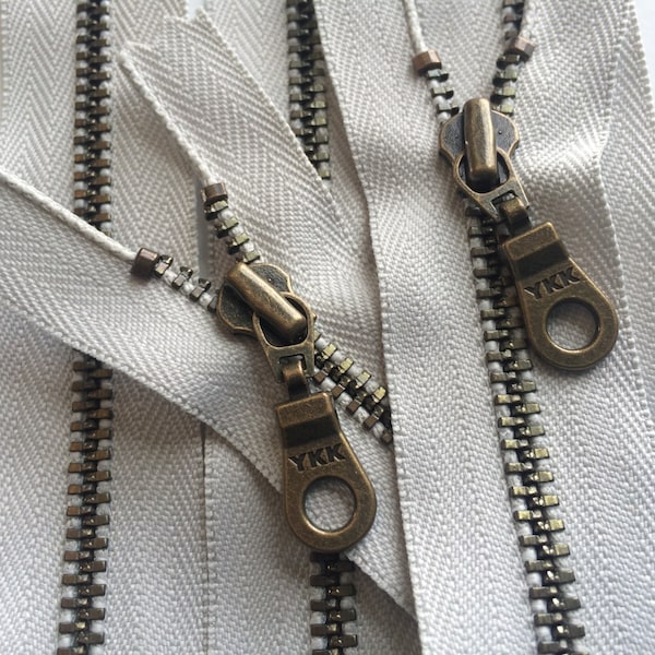 YKK Metal Teeth Zippers- Light Grey Antique Brass Donut Pull Color 316- 5 Pieces- Available in 7, 9, 11, or 14 Inches