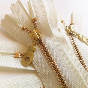 YKK Metal Teeth Zippers Off White Ivory Brass with Donut Pull 5 Pcs Color 502 Available in 4,5,6,7,8,9,10,12,14,16, 18, 20,22 or 30 Inch image 4