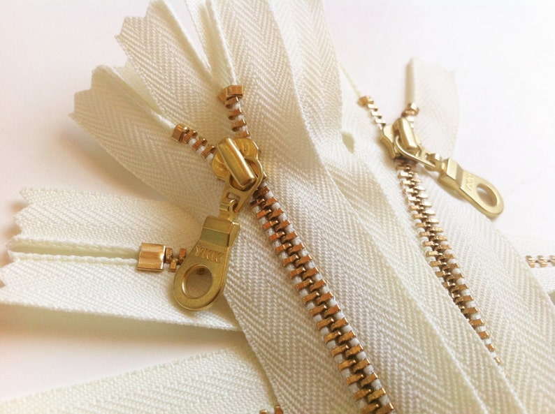 YKK Metal Teeth Zippers Off White Ivory Brass with Donut Pull 5 Pcs Color 502 Available in 4,5,6,7,8,9,10,12,14,16, 18, 20,22 or 30 Inch image 4