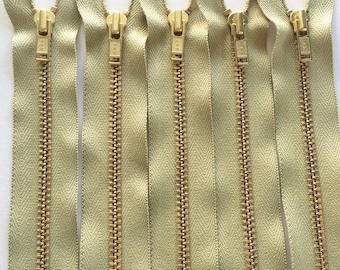Brass Zippers- 7 inch closed bottom ykk metal teeth zips- (5) pieces - Jade 882