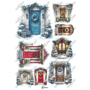 Puertas decoradas con motivos navideños: imágenes digitales festivas para decoupage y scrapbooking #RP0034