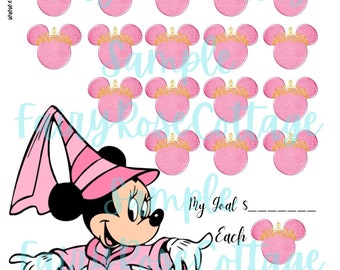 May include: A printable chart featuring a pink and gold Minnie Mouse character with a crown. The chart has 20 pink mouse ears with gold crowns. The text "Bibbidi Bobbidi Boutique" is at the top of the chart. The text "My Goal $____" is at the bottom of the chart. The text "Each____" is at the bottom of the chart. The text "Equals $____" is at the bottom of the chart.