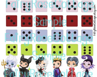 May include: Plinko game board with Disney Villains. The board has a grid of dice with different numbers of dots. The bottom row features images of Maleficent, Ursula, Cruella de Vil, Evil Queen, and the Evil Stepmother. The text "Plinko Villains" is at the top of the board. The text "Sample" appears three times on the board. The text "FairyRoseCottage.etsy.com" appears at the bottom right of the board. The text "5.00", "2.00", "3.00", "6.00", "8.00", and "4.00" appear at the bottom of the board.