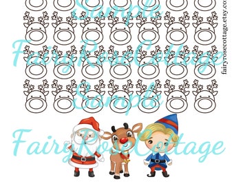 May include: A white printable savings tracker with a Christmas theme. The tracker features illustrations of Santa, Rudolph, and an elf. The text "Saving With Rudolph!" is at the top, with space to set goals.