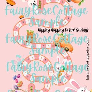 May include: A pink Easter-themed board game with a winding path, numbered spaces, and illustrations of bunnies, carrots, and Easter eggs. The game includes the text "Hippity Hoppity Easter Savings" and "Roll a dice and move around the board".
