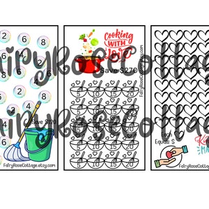 Op de afbeelding: Drie printbare activiteitenbladen voor kinderen. Het eerste blad heeft een schoonmaakthema met een dweil en een emmer en cijfers in bubbels. Het tweede blad heeft een kookthema met een rode pan en een kom met cijfers. Het derde blad heeft een hartthema met de tekst "Vriendelijkheid telt" en de tekst "Elk hart is 5 € waard".