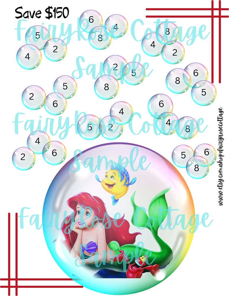 May include: A colorful bubble with a rainbow effect, featuring Ariel, the Little Mermaid, and Flounder. The bubble is surrounded by smaller bubbles with numbers inside. The text "Save $150" and "Fairy Rose Cottage" is visible in the image.