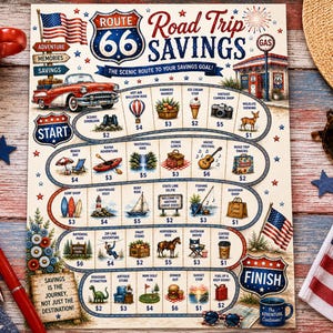 May include: A Route 66 Road Trip Savings poster with illustrations of various activities and landmarks. The poster features a vintage car, American flags, and the text "Savings is the journey, not just the destination!"