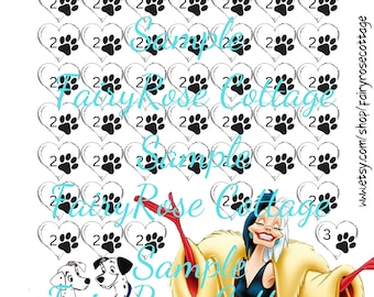 May include: A digital download of 101 Dalmatian dog paw print designs in black and white. The designs are in the shape of hearts with a paw print inside each heart. The text "Save $101" is at the top of the image. The text "Fairy Rose Cottage" is repeated throughout the image. The text "Sample" is also repeated throughout the image.