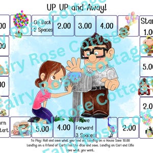 May include: A vibrant board game called "UP UP and Away!" with cartoon illustrations. The game board includes numbered spaces and instructions. The text "Fairy Rose Cottage" is visible. The game is designed for family entertainment.