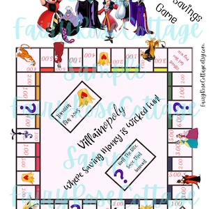 Puede incluir: Un juego de mesa imprimible con villanos de Disney. El tablero del juego es rosa con un borde blanco y presenta una variedad de espacios con diferentes cantidades de dólares. El juego se llama "Villainopoly: ¡Dónde ahorrar dinero es una diversión malvada!" e incluye una variedad de villanos de Disney como Ursula, Maléfica, el Capitán Garfio y la Reina Malvada.