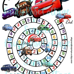 May include: A Cars-themed board game with a spiral track and colorful cars. The game board has numbers 1 through 10 and the words "Start" and "End".  The game instructions say "How To Play: Simply roll the dice, count the spaces and save the amount you land on."