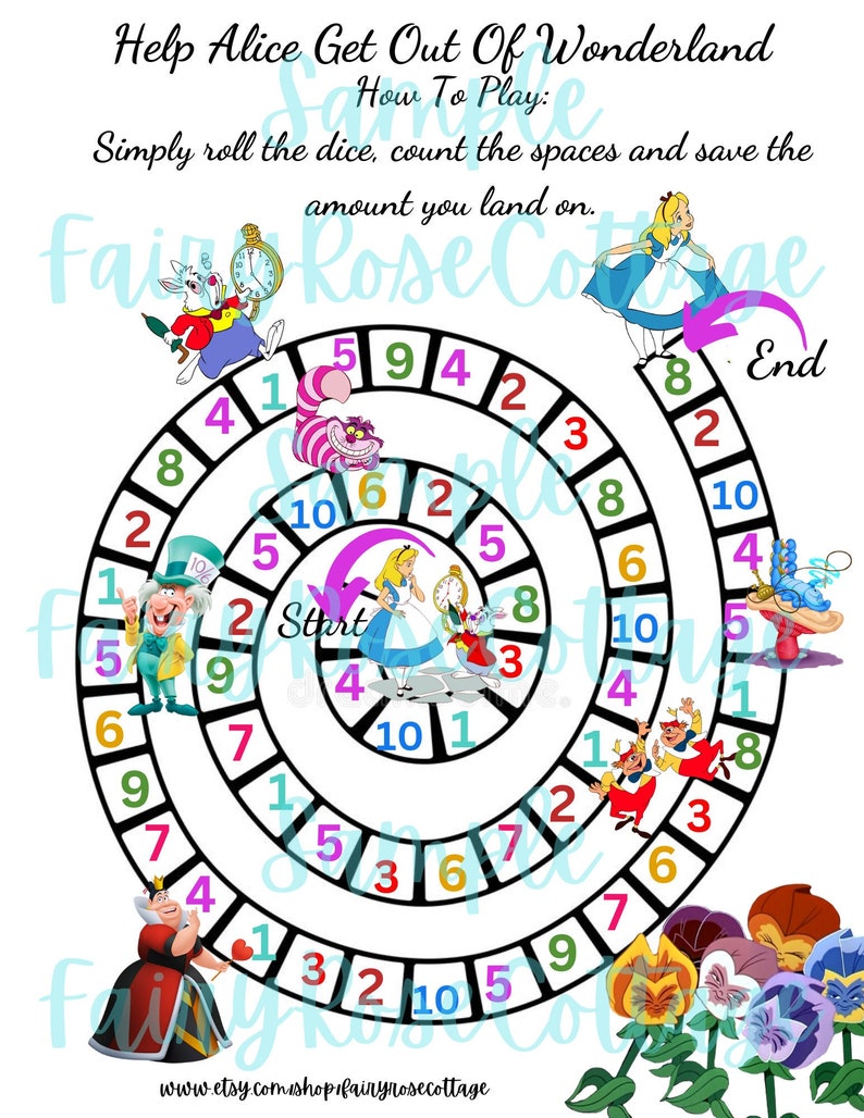 May include: A printable Alice in Wonderland themed board game. The game board is a spiral with numbers 1-10. The game features characters from the book, including Alice, the Mad Hatter, the Queen of Hearts, and the Cheshire Cat. The game is designed to help Alice get out of Wonderland.