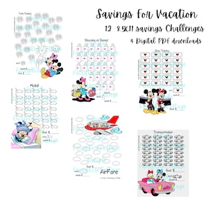 Tracker dei risparmi per le vacanze, vacanze in famiglia, sfida del risparmio nei parchi a tema, sfida della busta per risparmiare denaro, stampabili 8,5 x 11