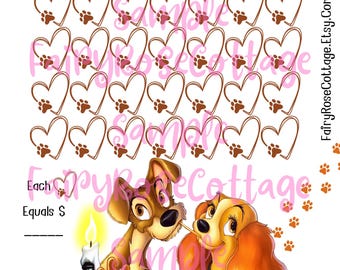 May include: A printable sheet with a brown heart design with paw prints inside each heart. The sheet also features a cartoon image of Lady and the Tramp sharing a plate of spaghetti. The text "Each Equals $ _____" is at the bottom of the sheet.