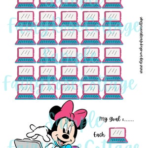 May include: A printable chart to help save for a computer. The chart features 25 pink and blue laptop icons. The chart also includes a space to write down your savings goal, the amount saved per icon, and the total amount saved. The chart features a cartoon image of Minnie Mouse using a laptop.