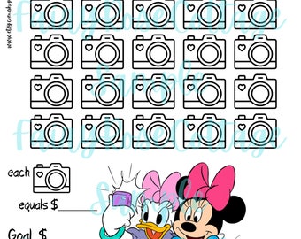 May include: A printable memory maker tracker with a black and white illustration of a camera with a heart in the corner. The tracker has 24 camera icons. Below the tracker is a black and white illustration of a camera with a heart in the corner. The text "each" is to the left of the camera and the text "equals £____" is to the right of the camera. Below the camera is a line for writing in a pound sterling amount. Below the line is the text "Goal £____". Below the text is a colour illustration of Minnie Mouse and Daisy Duck taking a selfie.