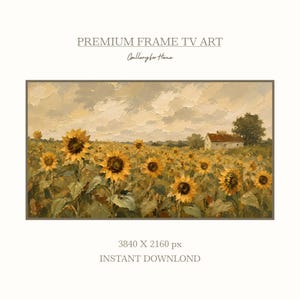 Vintage Sunflower Field Painting for Samsung Frame TV Art, Textured Golden Floral Landscape Painting Wall Decor, Rustic Farmhouse Printable