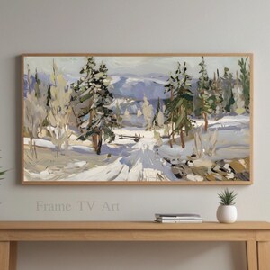 May include: A painting depicting a snowy winter scene with a winding road leading through a forest of pine trees. The trees are painted in shades of green and brown, and the snow is white with hints of blue and purple. The painting has a rustic and peaceful feel.