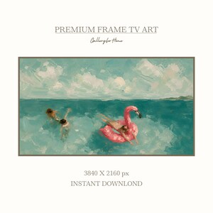 May include: Digital artwork titled PREMIUM FRAME TV ART Gallery for Home, 3840 X 2160 px INSTANT DOWNLOAD. The image depicts an oil painting style scene of two people swimming in turquoise ocean water near a bright pink flamingo pool float.
