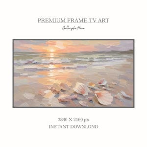 Frame TV Art Summer Sunset, Coastal Seashell Wall Art, Modern Coastal Art, Soft Neutral Ocean Painting, beach house decor, Seaside Artwork