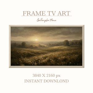 Puede incluir: Pintura de paisaje enmarcada con una puesta de sol sobre un campo. La obra de arte presenta una paleta de colores cálidos de marrones, amarillos y verdes. El texto en la parte superior dice "FRAME TV ART" y "Gallery for Home". El texto inferior dice "3840 X 2160 px INSTANT DOWNLOAD".