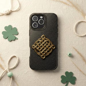 St. Patrick’s Day iPhone Case, Black Celtic Knot Gold Sacred Geometry Design, Minimalist Luxury Aesthetic, Elegant Style Gift, MagSafe 13–17
