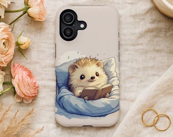 Book Lover Hedgehog Phone Case for Cozy Reading Aesthetic, Cute Animal Reader Design, MagSafe Tough Protective iPhone Cover Gift for Her