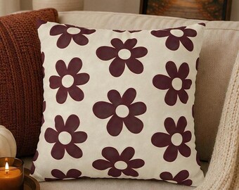 Maroon Retro Flower Pillow Cover, Groovy Daisy Cushion Case, Scandinavian Floral Modern Decor, Minimal 70s Throw Pillowcase Apartment Gift