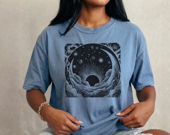 Linocut Crescent Moon Shirt Comfort Colors Tee, Vintage Celestial Sunburst Graphic, Mystical Night Sky, Sun Astrology Aesthetic Gift for Her