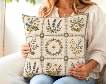 Faux Embroidered Floral Pillow Cover, Cottagecore Botanical Throw Pillowcase, Lavender Daisy Greenery, Farmhouse Cushion Case Gift for Her