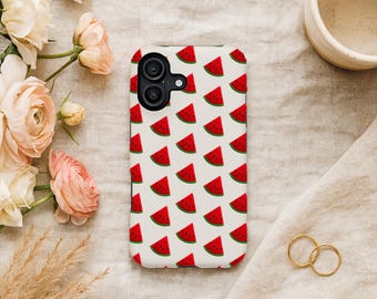 Watermelon Aesthetic iPhone Case, Knit Effect Fruit Pattern Cream Background, Cozy Cottagecore Gift for Her, MagSafe Compatible for Everyday