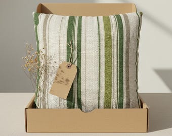 Green Striped Pillow Cover, Rustic Neutral Farmhouse Accent Cushion or Throw Case for Sofa, Chair or Bed, Spring Style Home Decor for Her