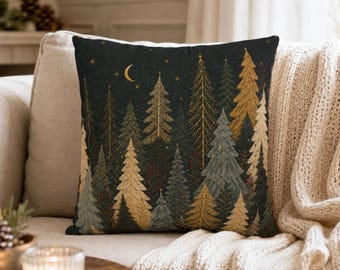 Night Forest Christmas Pillow Cover, Celestial Woodland Cushion Case, Gold Tree Throw Pillowcase, Moody Cottage Winter Holiday Home Decor