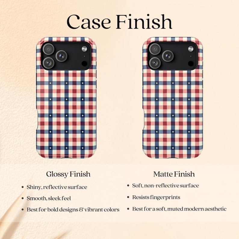 May include: Two phone cases with a red, white, and blue plaid pattern and star accents. The text "Case Finish" is at the top. The left case has a glossy finish, and the right case has a matte finish. The glossy finish is shiny and reflective, while the matte finish is soft.