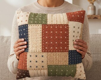Faux Patchwork Autumn Pillow Cover,  Geometric Quilt Look Throw Pillowcase, Rustic Couch Cushion Case, Farmhouse Fall Decor Cabin Accent