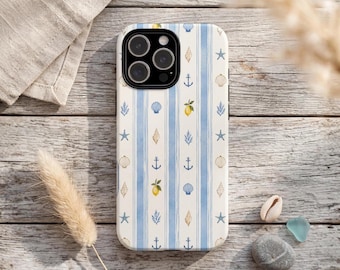Coastal Stripe Phone Case, Mediterranean Beach Style, Blue Nautical Pattern iPhone Samsung Galaxy Pixel MagSafe Cover European Summer Gift