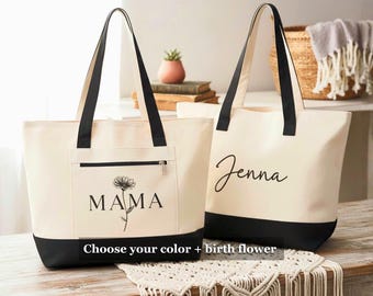 Birth Flower Tote for Mom, Personalized Mama Canvas Bag with Custom Name and Birthday Month, Her Mother's Day, Baby Shower, New Parent Gift