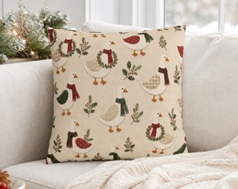 Christmas Goose Pillow Cover, Holiday Goose Throw Pillowcase, Faux Patchwork Embroidered Winter Decor, Cottage Cozy Home Accent Gift for Her
