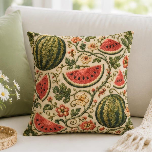 Watermelon Slices Pillow Cover, Faux Embroidered Fruit Throw Pillowcase, Cottagecore Summer Home Decor Botanical Farmhouse Cushion Case Gift