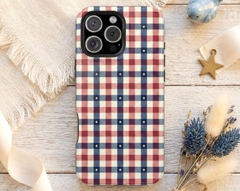 Plaid Patriotic Phone Case, Preppy Americana Aesthetic, Red White Blue Star Pattern, Gingham Classic Summer iPhone Galaxy Pixel Cover Gift